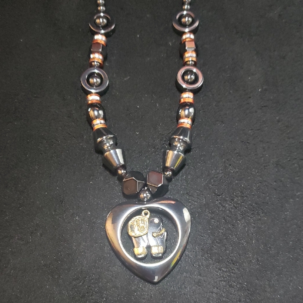 Elegant Hematite Elephant in Heart Pendant Necklace
